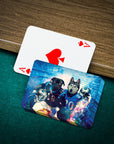 Personalized playing cards featuring two pets as football players, one black dog and one husky, on a blue background.