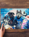Personalized 2 pet puzzle featuring a pug and husky in football jerseys, with hands assembling it.