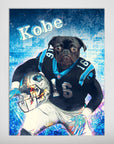 Personalized matte poster featuring a black pug in a Carolina Panthers football uniform, holding a helmet, with "Kobe" text.