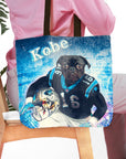 Personalized tote bag with a pug pet portrait in a blue football uniform, named Kobe.