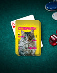 Personalized Catmopolitan playing cards featuring a custom pet portrait on a yellow magazine cover design.