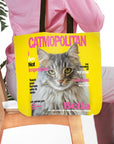 Personalized yellow "Catmopolitan" tote bag featuring a custom cat portrait with green eyes.