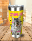 Personalized stainless steel tumbler with a custom cat portrait on a yellow "Catmopolitan" magazine cover design.