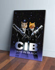 Personalized 'Cats in Black' canvas featuring two pets in suits holding futuristic guns against a starry background.