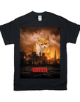 Black Gildan t-shirt with a personalized "Catzilla" design featuring a giant orange and white cat over a city.