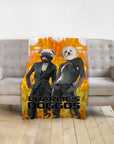 Personalized 2 pet blanket with a pug and Maltese in suits against a fiery background.