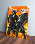 Personalized 'Charlie's Doggos' canvas featuring a pug and a Maltese in black outfits against a fiery orange background.