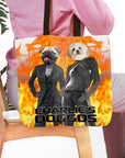 Personalized 2 pet tote bag with dog portraits in suits, "Charlie's Doggos" text, and fiery background.