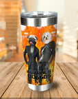 Personalized stainless steel tumbler with two pet portraits in human clothes against a fiery background.