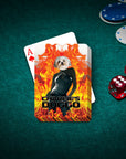 Personalized pet playing cards with a dog's face on a fiery, "Charlie's Doggo" design.