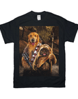 Black Gildan t-shirt with a custom graphic of a Golden Retriever as Chewbacca and a small dog as an Ewok.