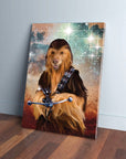 Personalized 'Chewdogga' pet canvas featuring a dog dressed as Chewbacca with a crossbow, leaning on a wooden floor.