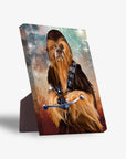 Personalized 'Chewdogga' pet portrait standing canvas featuring a dog dressed as Chewbacca, with a starry background.