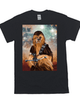 Black Gildan unisex t-shirt featuring a personalized pet portrait of a dog dressed as Chewbacca with a starry background.