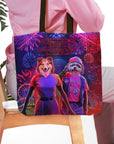 Personalized pet portrait tote bag featuring a dog and cat in a "Chewing Things" design with fireworks.