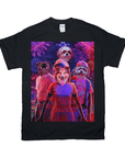 Black Gildan t-shirt with a vibrant graphic of four personalized pets in a Stranger Things parody design.