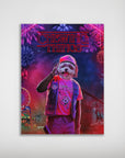 Personalized "Chewing Things" dog poster featuring a pet in a pink hat and vest with fireworks.
