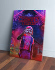 Personalized pet canvas featuring a dog's head on a person's body with "Chewing Things" neon sign and fireworks.