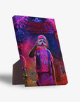 Personalized pet standing canvas featuring a dog in a "Chewing Things" design with a pink shirt and hat.