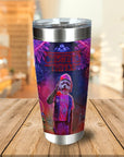 Personalized stainless steel tumbler with a dog in a "Chewing Things" Stranger Things-style portrait.