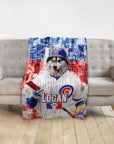 Personalized pet blanket with a husky in a Chicago Cubs baseball uniform.