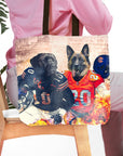 Personalized tote bag with two dogs in Chicago Bears football uniforms, custom pet portrait art.