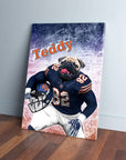 Personalized 'Chicago Doggos' canvas featuring a pug in a navy football uniform, holding a helmet.