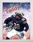 Personalized 'Chicago Doggos' poster featuring a pug in a navy football uniform, holding a helmet, with "Teddy" above.
