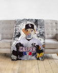 Personalized pet blanket featuring a dog in a Chicago White Sox baseball uniform with "CASPER" text.