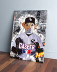 Personalized pet canvas featuring a dog in a White Sox baseball uniform with "CASPER" and Chicago skyline.