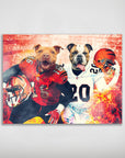 Personalized poster featuring two pets as football players in red and white jerseys with helmets.