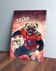 Personalized pet canvas featuring a pug in a red football uniform with "Milo" at the top.