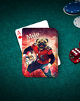 Personalized playing cards featuring a pug pet portrait in a football uniform on a green felt table.