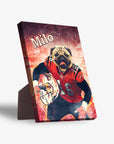 Personalized pet standing canvas featuring a pug in a red football uniform with "Milo" on a distressed background.