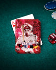 Personalized playing card featuring a dog in a baseball uniform with a red Cincinnati skyline background.
