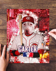 Personalized pet puzzle featuring a white pit bull in a Cincinnati Reds baseball uniform.