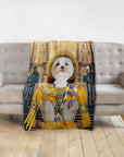 Personalized "Cleopawtra" pet portrait blanket featuring a Shih Tzu in an Egyptian queen costume.