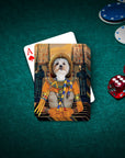 Personalized playing card featuring a white dog in a Cleopawtra renaissance portrait on a green felt table with poker chips and dice.
