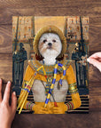 Personalized 'Cleopawtra' pet puzzle featuring a Maltese dog in an ancient Egyptian royal portrait.