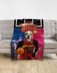 Personalized pet blanket with a bulldog in a basketball uniform, "Jasper" name, and "Doggoliers" text.
