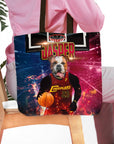 Personalized tote bag featuring a bulldog pet portrait in a basketball uniform with "Jasper" and "Doggoliers 23".