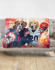 Personalized two-pet blanket featuring a boxer and golden retriever in football uniforms.