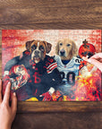 Personalized 2 pet puzzle featuring a boxer and golden retriever in football uniforms.