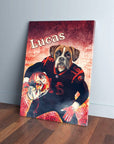 Personalized pet canvas featuring a boxer dog in a black and red football uniform, holding a helmet, with "Lucas" above.