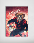 Personalized 'Cleveland Doggos' pet poster featuring a boxer dog in a black and red football uniform.