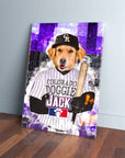 Golden retriever dog in a personalized Colorado Rockies baseball uniform canvas print.
