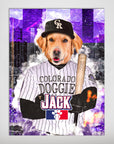 Personalized 'Colorado Doggies' pet poster featuring a golden retriever in a baseball uniform with a bat, against a purple cityscape.