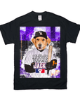 Black Gildan t-shirt with a golden retriever in a baseball uniform, cap, and holding a bat, against a purple city skyline.