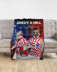 Personalized pet blanket with two dogs in Croatia soccer jerseys, "Jakov & Mill" text.