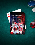 Personalized playing cards featuring two dogs in Croatia soccer jerseys on a green poker table with chips and dice.